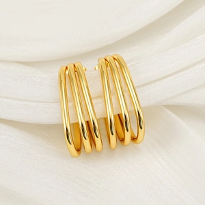 Polished 18K gold plated stainless steel triple-layer C-shaped hoop earrings for women