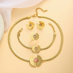 Elegant gold titanium jewelry set with purple cat eye stones including necklace and earrings