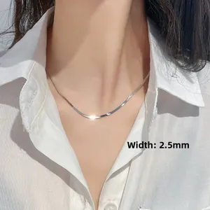Detail view of a 2.5mm silver titanium snake chain necklace on a white shirt