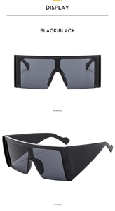 Front and side views of black oversized square frame sunglasses with wide temples