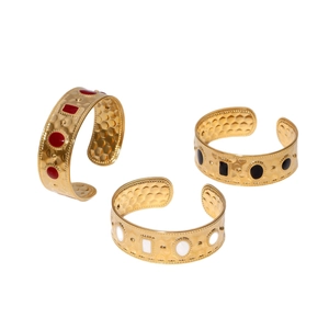 Vintage 18K gold plated cuff bangles with colorful enamel inserts and hammered texture