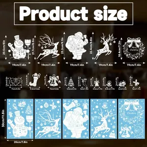 Detailed size guide for 5-pack white Christmas window clings with Santa and reindeer