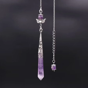 Amethyst angel wing pendulum necklace with hexagonal crystal point and silver wings