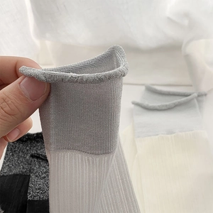 Detail of elastic seamless cuffs on ballet style sheer socks with shimmering silver thread