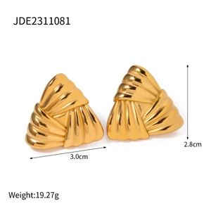 Detail view of 18k gold plated stainless steel triangle earrings with woven texture