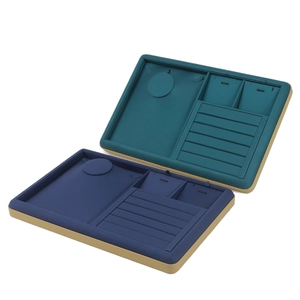 Golden PU jewelry display tray with dark blue velvet lining and multi-functional storage slots