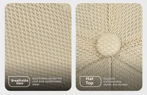Detail of breathable mesh fabric and top fabric-covered button on the beige baseball cap