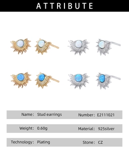 Detail view of 925 sterling silver sunbeam stud earrings with opal and CZ stones