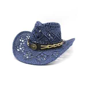 Cappello da cowboy in paglia intrecciata blu-viola con stemma di bue vintage su cinturino