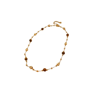 Gold-plated tiger eye beaded necklace with round charms on a clean white background