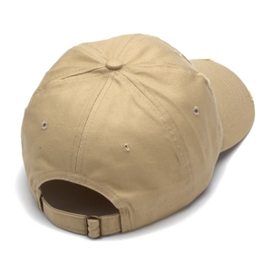 Distressed khaki baseball cap with adjustable metal buckle and frayed brim edge
