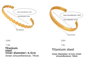 Comparison of two gold-plated titanium steel bangles with textured geometric designs