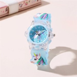Detailed view of the 3D unicorn design on a light blue silicone strap for kids watch