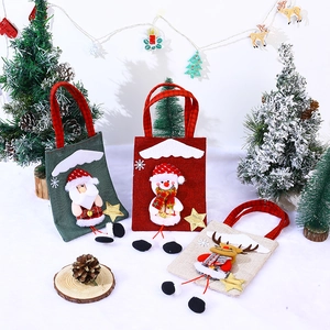 Christmas burlap tote bags featuring 3D Santa, Snowman and Reindeer with festive stars
