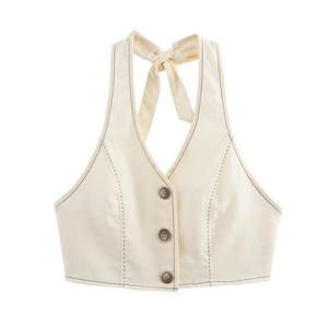Gilet dos nu d'été crème avec surpiqûres sombres contrastées et trois boutons bruns