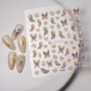 5D embossed butterfly and flower nail art stickers with metallic gold edges model Co-095