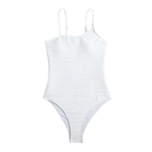 White ribbed one-piece swimsuit with spaghetti straps and wavy textured fabric design