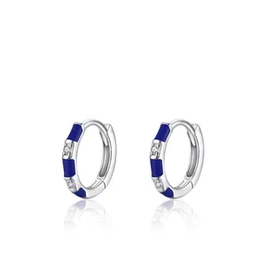 S925 sterling silver hoop earrings with blue enamel and sparkling cubic zirconia stones