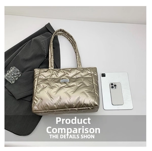 Quilted metallic tote bag showing large capacity with tablet and laptop for commuting