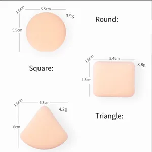 Three-piece marshmallow makeup sponge set with sizes and dimensions in round square triangle