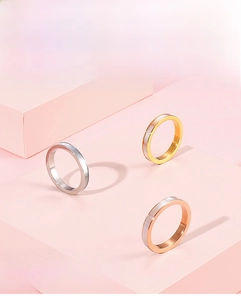 Detailed close-up of 3mm stainless steel shell inlay rings in silver, gold and rose gold