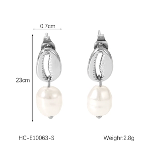Detailed view of silver stainless steel shell earrings with white pearl and dimensions