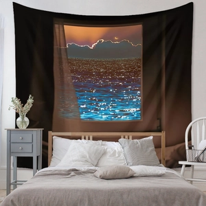 Detail of bohemian ocean landscape tapestry as a decorative bedroom wall backdrop
