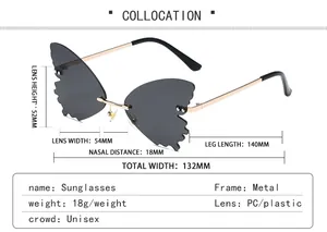 Detailed size specifications of the butterfly rimless sunglasses with metal frame dimensions