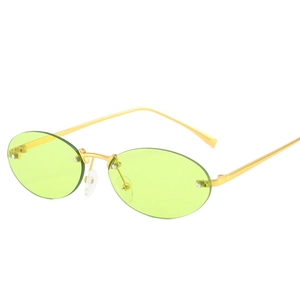 Frameless oval metal sunglasses with vibrant neon green lenses and golden frames