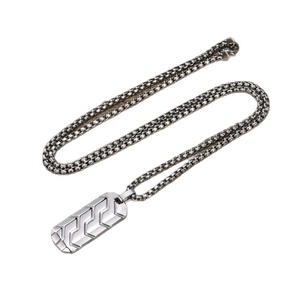 Silver stainless steel geometric tire tread pendant necklace with a textured woven chain