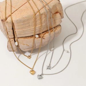 Double-layered stainless steel necklace with heart, star charms and white pearls