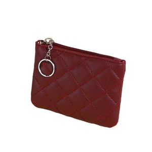 Mini wine red quilted leather coin purse with silver zipper and keychain ring for women
