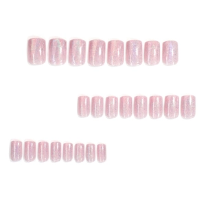 Faux ongles œil de chat holographiques rose pâle, forme carrée courte, lot de 24