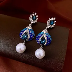 Vintage Luxury Teardrop Dangle Earrings With Blue Rhinestones White Imitation Artificial Pearl And Silver Earring Post For Women