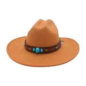 Detail of orange suede cowboy hat with brown leather band and turquoise stone accents