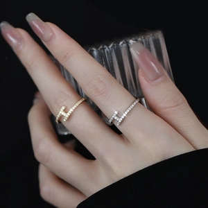 H Shape Copper Open Ring With Cubic Zirconia Gold Plated Simple Fashion Adjustable Finger Jewelry For Women