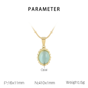 Macro view of vintage stainless steel opal pendant necklace with measurement dimensions