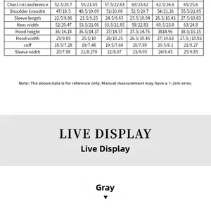 Detailed size chart for gray waffle knit hooded polo shirt including chest and shoulder measurements