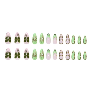 24pcs Dark Green Butterfly Press-on Nails with Pearl Accents and French Gradient Design