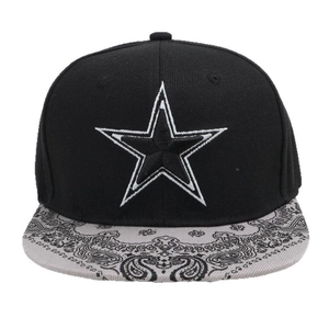 Flat brim baseball cap with paisley pattern and silver star embroidery on black fabric