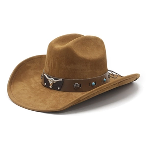 Brown suede cowboy hat with wide brim, leather band, metal bull head and turquoise beads