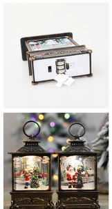 Detail of battery compartment and warm LED lighting effect of bronze Christmas lantern