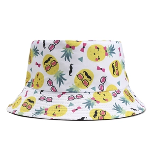Unisex white cotton bucket hat with colorful cartoon pineapple print for sun protection