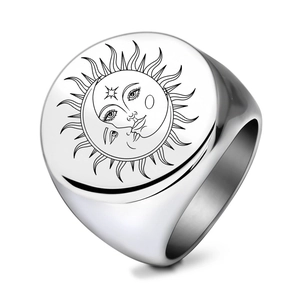 Polished 22mm stainless steel signet ring featuring sun and moon engraved pattern