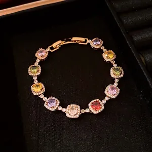 18k gold plated vintage bracelet with colorful square gemstones and halo setting