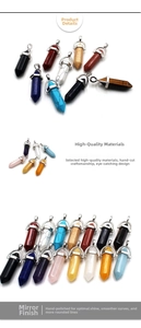 Detailed macro view of assorted hexagonal crystal pendants with silver metal clasps