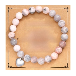 Natural Stone Beaded Bracelet With Metal Heart Charm Handmade Message Card Jewelry Gift For Women Sisters Mom