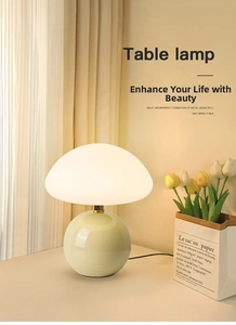 Detail of mushroom lamp with green ceramic base and frosted white dome shade