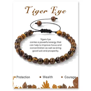 Detailed view of adjustable tiger eye beaded bracelet with handmade braided cord