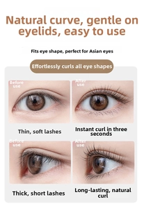 Before and after eyelash curler comparison showing lift on thin and short lashes